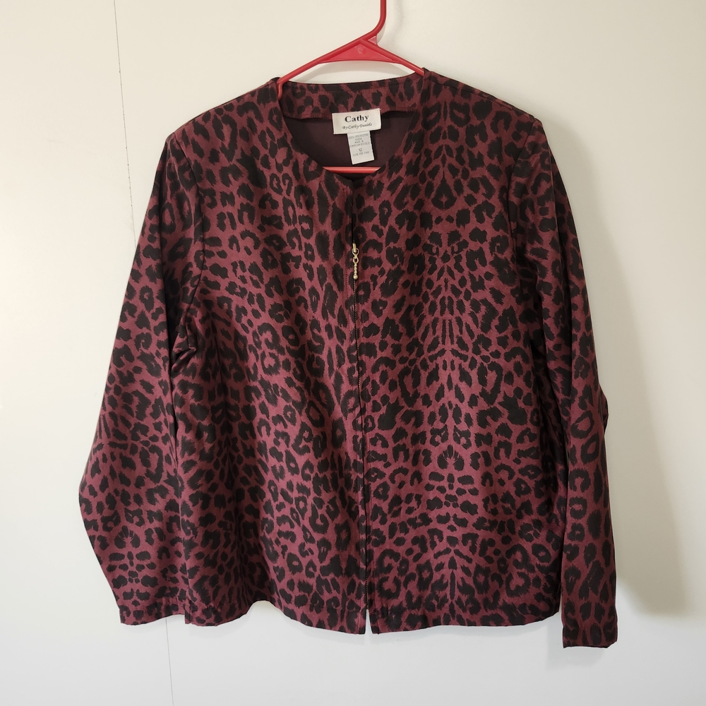 Cathy Daniels Womens Zip Front Burgundy Black Animal Print Jacket Leopard sz 12